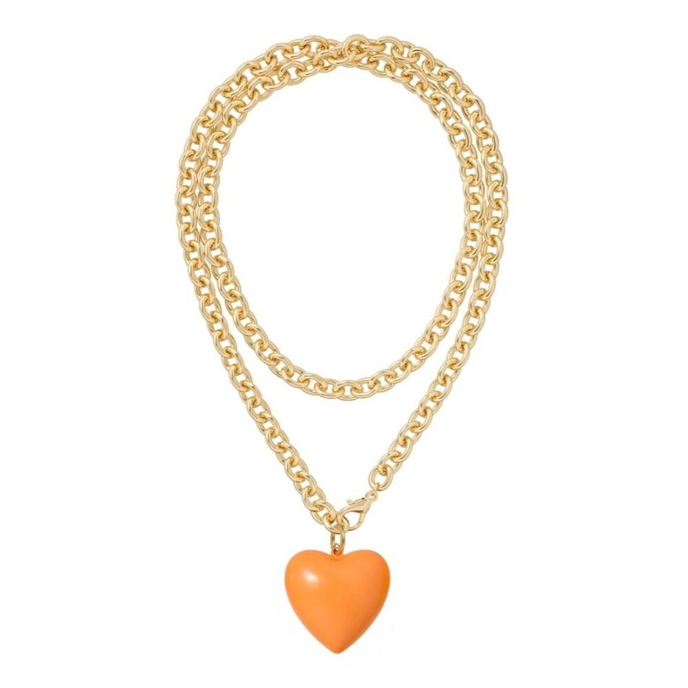 NWOT Roxanne Assoulin Gold Double Chain Necklace with Orange Puffy Heart Pendant